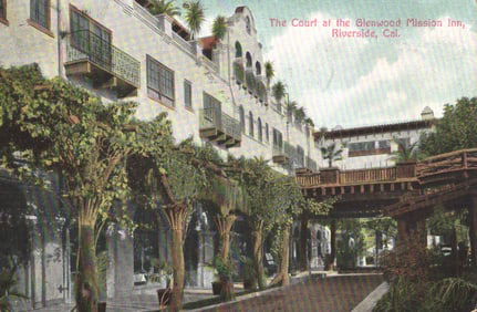 Early 1900s postcard view of the vine-covered Court at the Glenwood Mission Inn, Riverside,