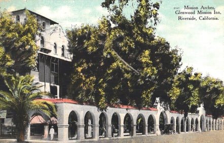 Postcard showing the Mission Arches at the Glenwood Mission Inn in Riverside, California, c. 1909.