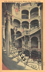 Linen Postcard of the Rotunda Internacional's Spiral Staircase at Mission Inn, Riverside, California
