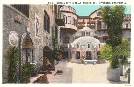 Postcard showing the Garden of the Bells at the historic Mission Inn hotel in Riverside, California.