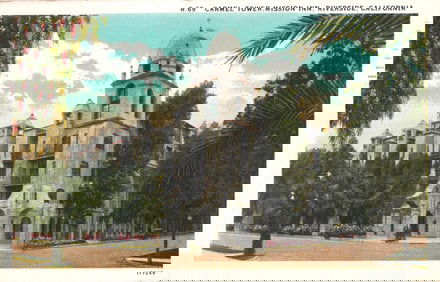 Postcard showing the Carmel Tower at the historic Mission Inn in Riverside, California circa 1930s.