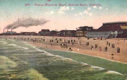 Postcard of Famous Moonstone Beach in Redondo Beach, California. Crowds enjoy the sand and surf