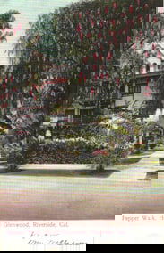 Postcard showing the Pepper Walk and Hotel Glenwood gardens in Riverside, California, posted 1906.