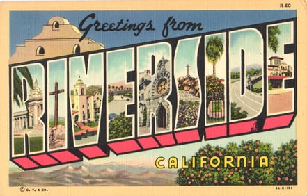 Linen postcard 'Greetings from Riverside, California' Large Letter view with local landmarks c. 1939