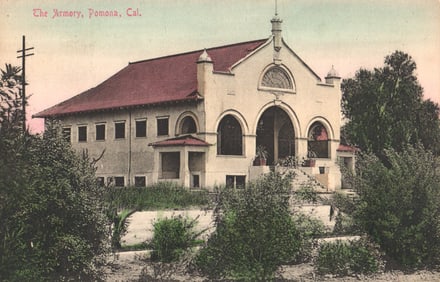 Postcard showing The Armory building in Pomona, California, exterior view from the early 1900s.