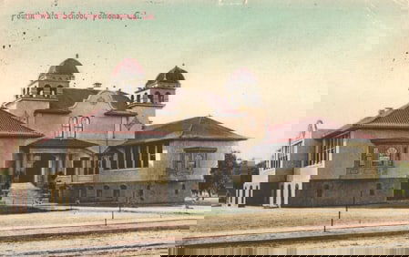 Postcard of the Fourth Ward School with its Mission Revival architecture in Pomona, California c.