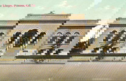 Postcard view of The Public Library in Pomona, California, showcasing its Beaux-Arts architecture c.