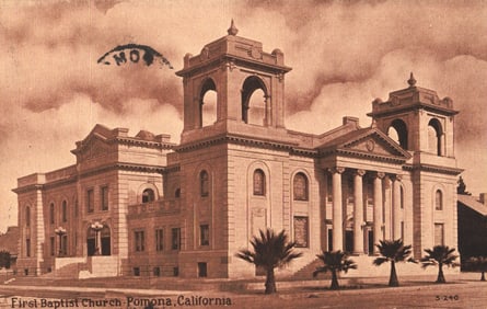 Postcard view of the First Baptist Church with twin towers and classical columns in Pomona,
