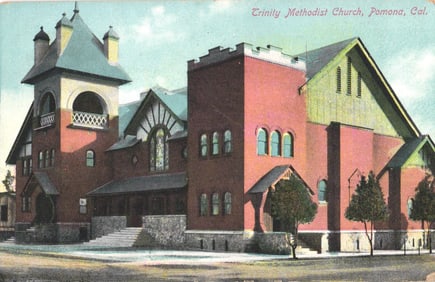 Postcard showing the Trinity Methodist Church with its distinctive brick architecture in Pomona,