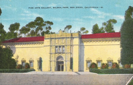 Linen postcard of the Fine Arts Gallery, a Spanish Renaissance building in Balboa Park, San Diego,