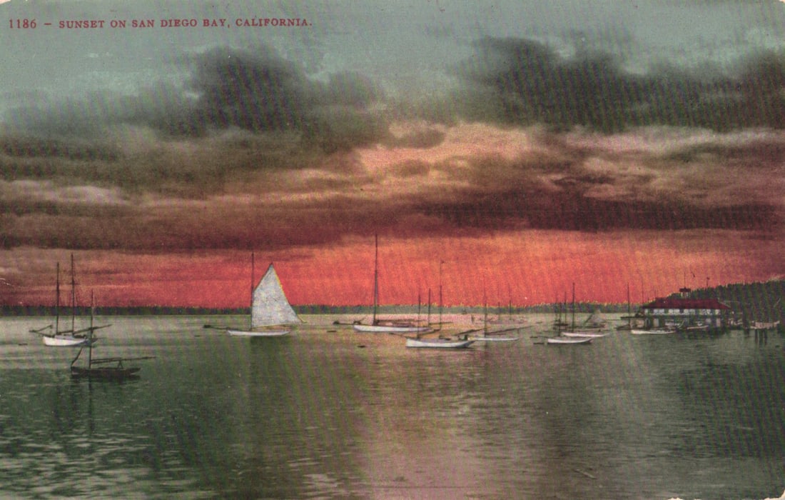 Postcard showing sailboats during a dramatic sunset on San Diego Bay, California. Edward H.: You are bidding on an original postcard and not a reprint. Please view photos for further description and condition considerations. Please know the scans may be darker or lighter than the actual item'