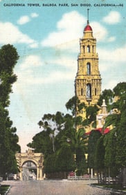 Postcard showing the iconic California Tower at Balboa Park in San Diego, California, circa 1950s.
