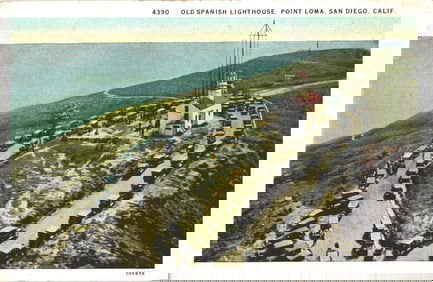 Postcard of the Old Spanish Lighthouse in Point Loma, San Diego, California with many cars c. 1930s