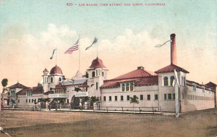 Postcard view of Los Banos (The Baths) public bathhouse, San Diego, California, early 20th century.