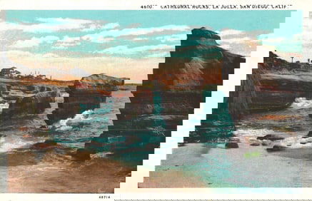 Linen postcard view of Cathedral Rocks with ocean waves crashing in La Jolla, San Diego, California.