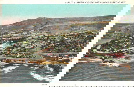 Linen postcard with an aero view of the La Jolla coastline and town, San Diego, California c. 1940s