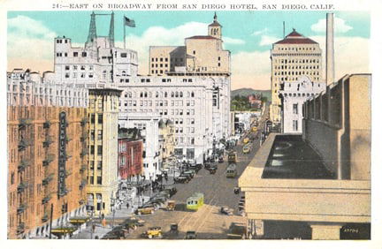 Postcard showing the view east on Broadway from the San Diego Hotel in San Diego, California c.