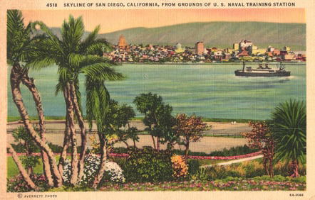 Linen Postcard of the San Diego, California Skyline from the U.S. Naval Training Station c. 1930s