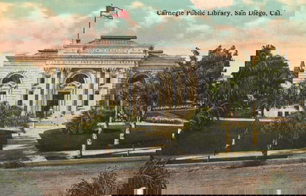 Postcard view of the Andrew Carnegie Public Library in San Diego, California from the 1915