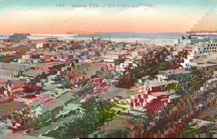 Postcard showing a General View of San Diego, California cityscape looking towards the bay, c. 1905