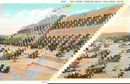 Postcard showing the Casino at Mission Beach, San Diego, California with a busy beach scene c. 1920s