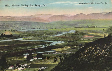 Postcard view of Mission Valley, San Diego, California showing the river and rural landscape, c.