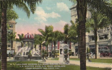 Postcard of Plaza Park with L.J. Wilde Electric Fountain & U.S. Grant Hotel, San Diego, California
