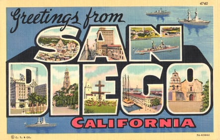 Large letter linen postcard Greetings from San Diego, California showing city and harbor scenes c.