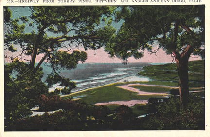 Postcard showing the Highway from Torrey Pines, a coastal scene between Los Angeles and San Diego,