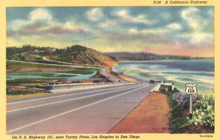 Linen Postcard showing U.S. Highway 101 near Torrey Pines between Los Angeles & San Diego,