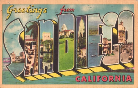 Linen postcard Greetings from San Diego, California showing various city and harbor views circa