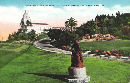 Postcard showing the Junipero Serra Museum and Presidio Park in Old Town, San Diego, California.