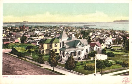 Postcard of a large Victorian home with a view of the city and bay, San Diego, California c. 1905