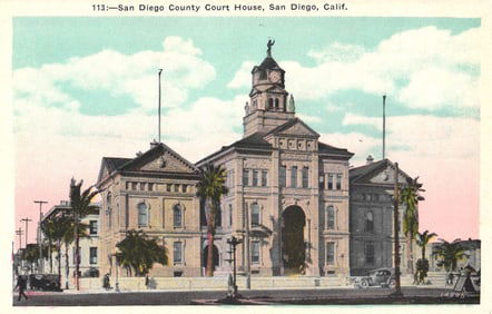 Postcard showing the San Diego County Court House with clock tower in San Diego, California. c1920s