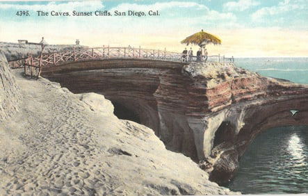 Postcard of The Caves at Sunset Cliffs, San Diego, California, showing rustic bridge and gazebo.