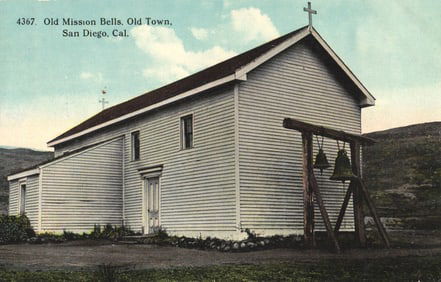 Postcard of the Old Mission Bells chapel in Old Town, San Diego, California from the 1915