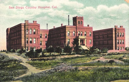 Postcard showing the San Diego Country Hospital, an impressive brick building in San Diego,
