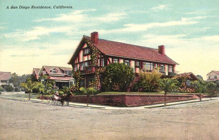 Postcard of a beautiful Tudor style residence on a street corner in San Diego, California c. 1907.