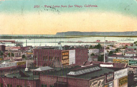 Postcard showing rooftop view of San Diego, California with Point Loma in the distance, circa 1913