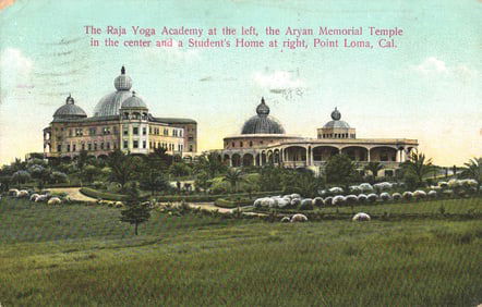 Postcard view of Raja Yoga Academy & Aryan Memorial Temple at Lomaland, Point Loma, California c1906