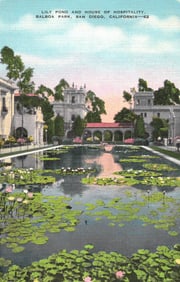 Postcard of the Lily Pond and House of Hospitality in Balboa Park, San Diego, California, 1940s