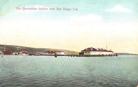 The Rieder Postcard of the Quarantine Station on a pier in San Diego Bay, California c. 1910s.