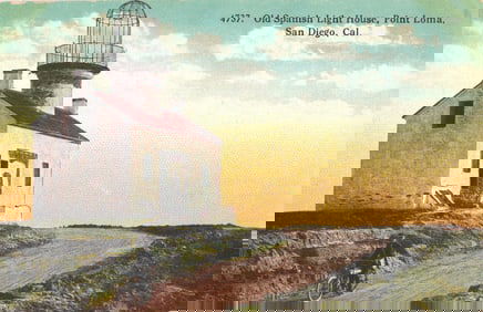 Postcard showing the Old Spanish Light House on Point Loma, San Diego, California with motorcyclist.