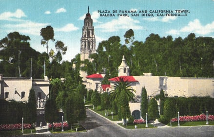 Postcard of the Plaza de Panama and California Tower, Balboa Park, San Diego, California, postmarked