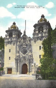 Postcard of the Foods and Beverages Building in Balboa Park, San Diego, California. c. 1930s view.