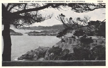 Postcard showing the rocky coast at Highland Inn, a scenic view in Monterey Bay, California c.1920s