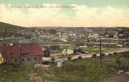 Postcard showing a birdseye view of the town of La Mesa, near San Diego, California, circa 1915.