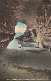 Postcard showing the interior of a sea cave at Ocean Beach in San Diego, California, circa 1915.