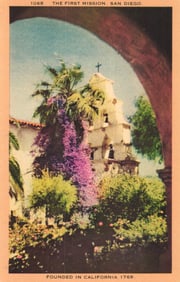 Postcard of Mission San Diego de Alcalá, The First Mission in California, showing bell tower and