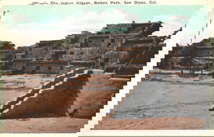 Color postcard of the Pueblo Indian Village exhibit in Balboa Park, San Diego, California c. 1910s.